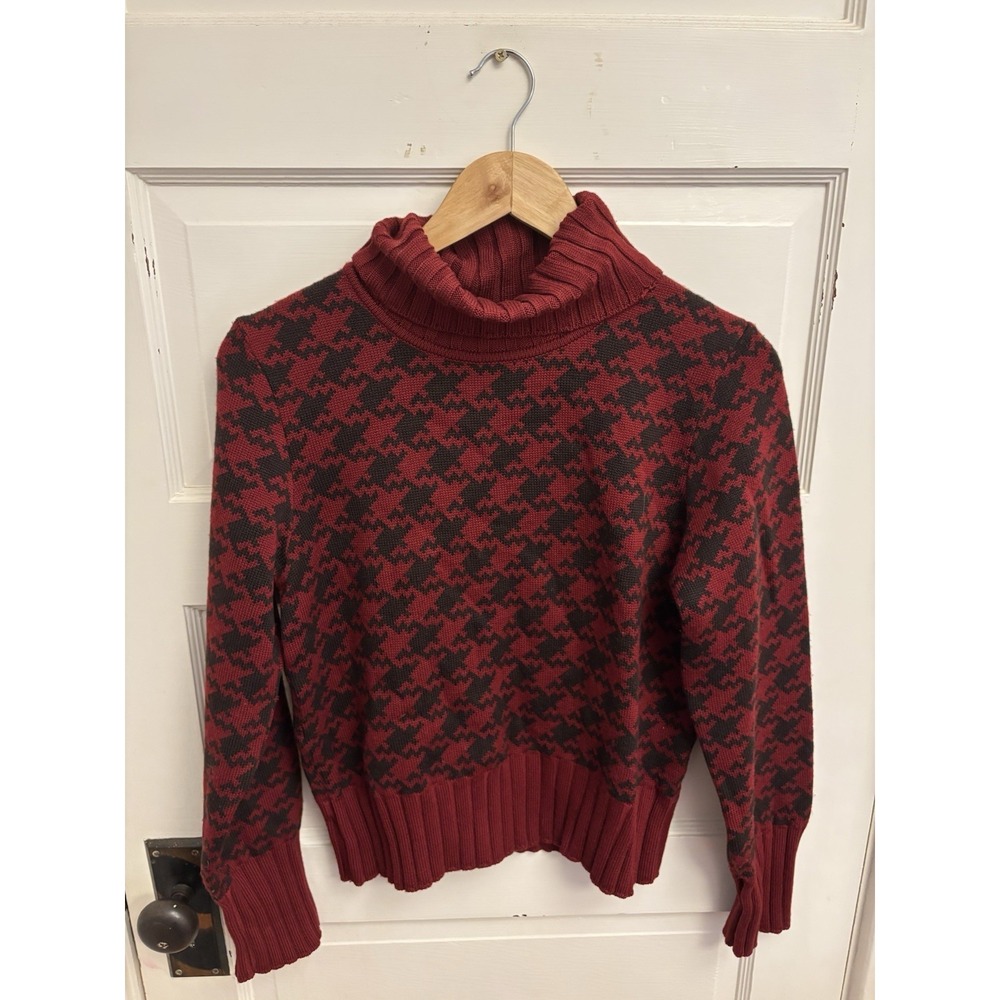 Talbots Collection Merino Wool Deep‎ Red Turtleneck Houndstooth Sweater Size M